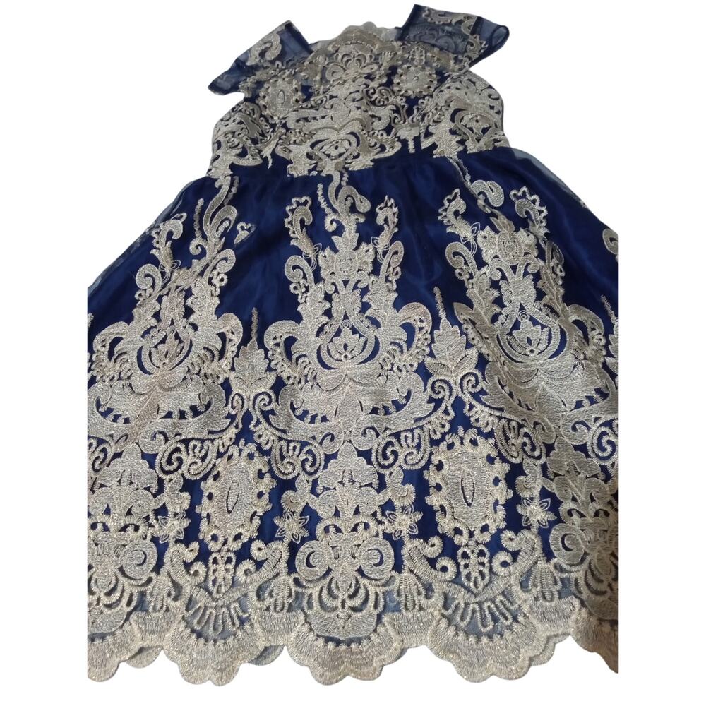 Women's Blue Lace Metallic Gold Embroidered Formal Cocktail Dinner Party Dress - Picture 13 of 13